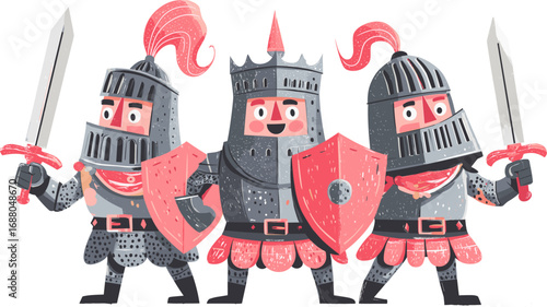 Three colorful cartoon knights preparing for a friendly duel in a whimsical fantasy isolated on transparent background. Vector illustration.