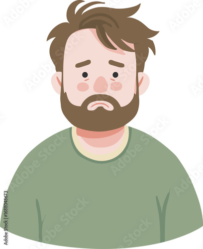 Person with a sad expression, wearing a green shirt isolated on transparent background. Vector illustration.