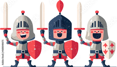 Colorful cartoon knights cheerfully standing with swords and shields isolated on transparent background. Vector illustration.