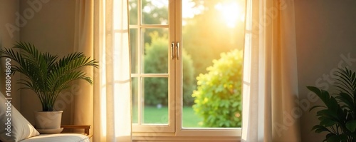 Open window, summer breeze blowing sheer curtains, sunlight streaming into a bright room Warm, inviting feeling of a summer day Perfect for home, travel, or lifestyle blogs , landscape, breeze