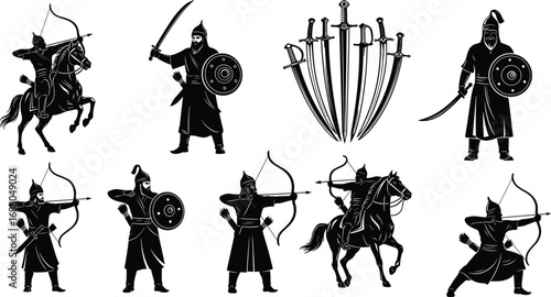 Medieval warriors and archers with swords and shields, horsemen, ancient battle scenes, historic weapons, silhouette vector illustrations