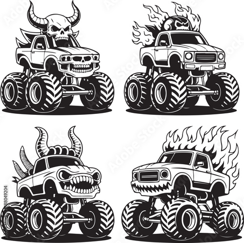 Four Monster Trucks With Skull Faces Horns And Flames And Smoke vehicle off-road