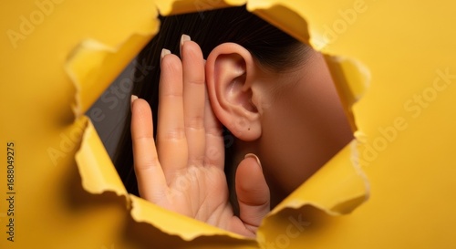 Eavesdropping: Woman's Ear Through Torn Yellow Paper, Listening Closely