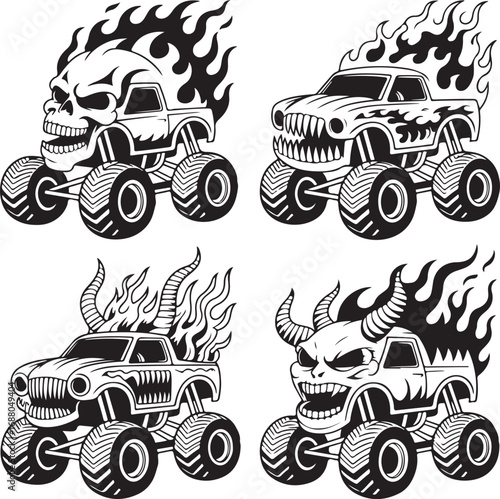Four Monster Trucks With Skull Faces Horns Flames And Spikes vehicle off-road