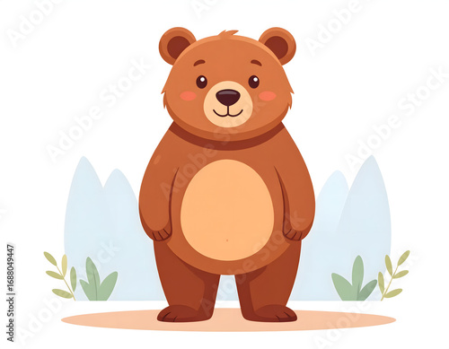 Cartoon illustration of a cute brown bear standing upright with a smiling face and light blue background shapes.