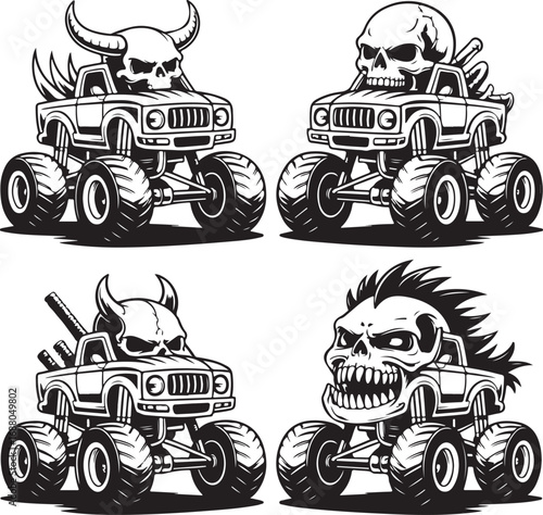 Four monster trucks with skull and monster heads on white background vehicle off road