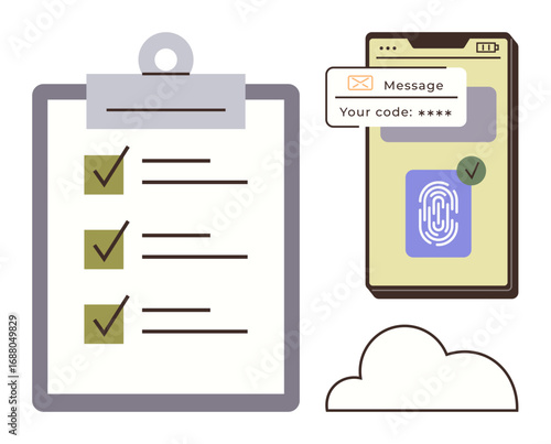 Mobile device displaying fingerprint scanner and code message with validated checklist and cloud icon. Ideal for security, authentication, data management, task planning, technology, organization