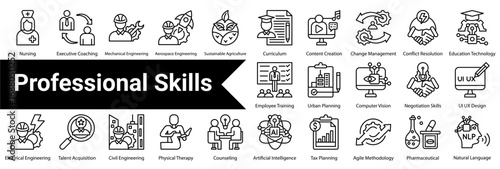 Professional Skills Icon Collection and Set Containing: Executive Coaching,Mechanical Engineering,Aerospace Engineering,Sustainable Agriculture,Curriculum,Content Creation,Change Management