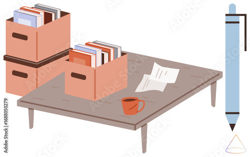 Stack of book-filled boxes on a wooden table, scattered papers, a red mug, and a large pen. Ideal for productivity, education, office, writing organization decluttering and creativity. Clear