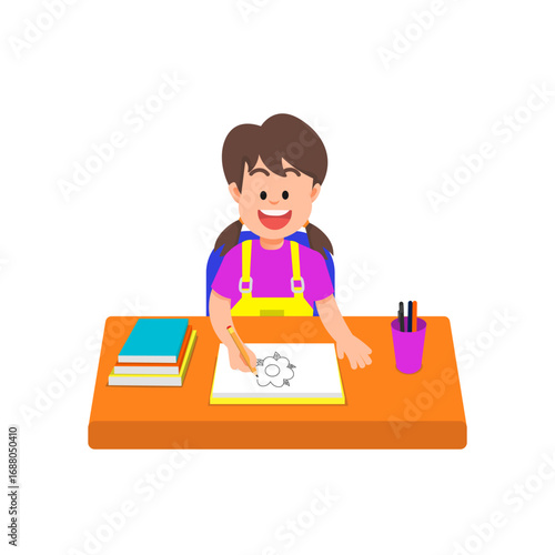 A little girl draws a flower in her sketchbook at a desk