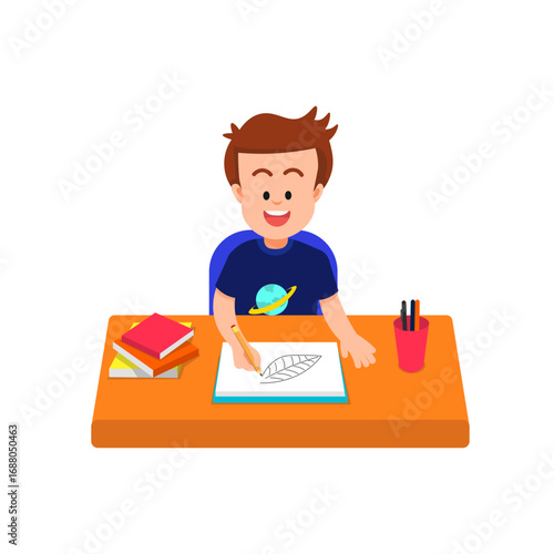 A boy draws a leaf in his sketchbook at a desk