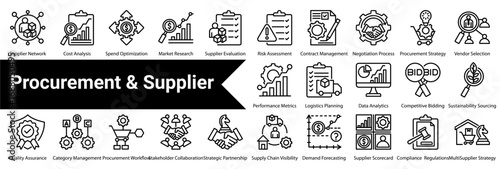 Procurement & Supplier Icon Collection and Set Containing: Supplier Network,Cost Analysis,Spend Optimization,Market Research,Supplier Evaluation,Risk Assessment,Contract Management,Negotiation Process