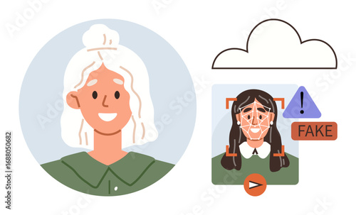 Womans face in digital interface for biometric scan, deepfake detection with alert sign, cloud icon. Ideal for cybersecurity, privacy, AI ethics, technology, online safety, identity protection