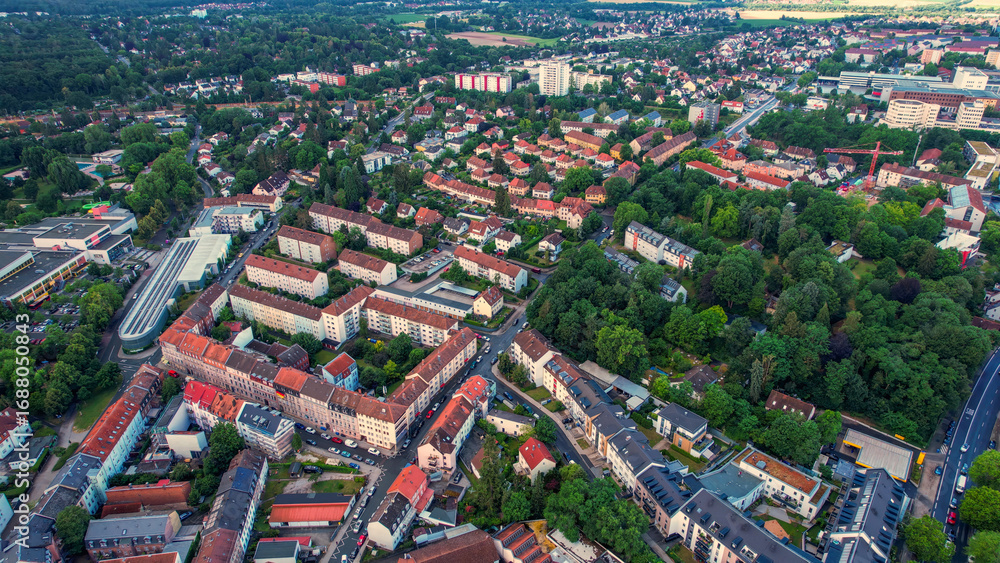 Naklejka premium Aerial panorama view of the old town in the city Fürth in Germany on a cloudy day in spring