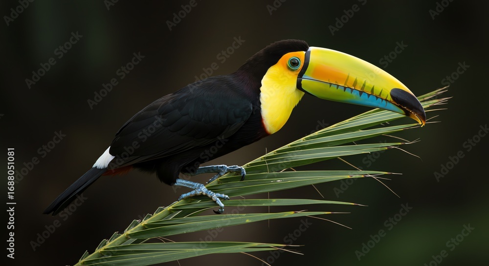 Fototapeta premium Toucan bird perched on green palm leaves