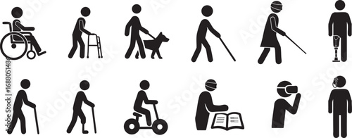 Disability & Assistive Technology Icon Set – 12 Inclusive Silhouettes of Mobility, Sensory & Tech Support