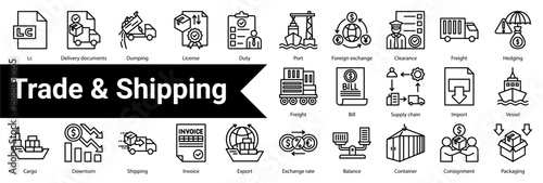 Trade & Shipping Icon Collection and Set Containing: Market strategy,Customs,Sanction,Tariff,Free trade,Indicator,Werehouse,Supply chain optimization,Bilateral,Certificate of origin,Original,Barrier