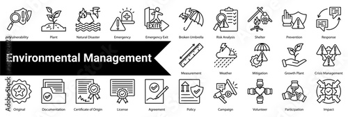 Environmental Manageme Icon Collection and Set Containing: Climate Change,Green Environment,Evacuation Plan,Ecology,Reduction,Notification,Community,Task List,Disaster Recovery,Disaster,Sustainability
