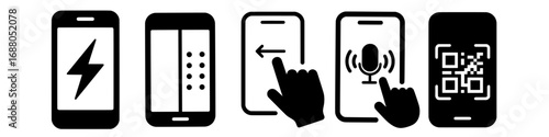 Smartphone Technology Icon Set – Mobile Charging, Login, Swipe, Voice Command, QR Code Vector Sheet