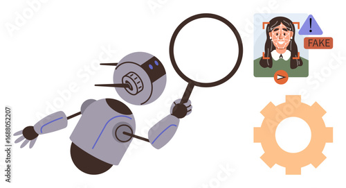 Robot inspecting image authenticity with magnifying glass and identifying deepfake content. Ideal for AI, automation, cybersecurity, technology, machine learning, misinformation, innovation. Simple