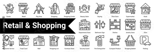 Retail & Shopping Icon Collection and Set Containing: Goods,Retail,Play Area,Shopping,Shopping Center,Beauty Salon,Buying,Shoe Store,Supermarket,Kiosk,Department Store,Bathroom Sign,Shelves
