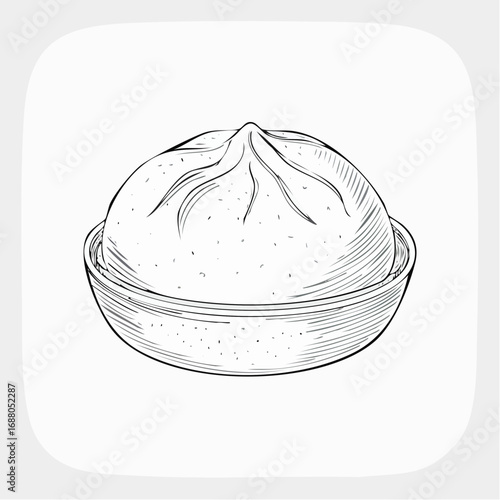 Detailed Ink Illustration of a Steaming Chinese Dumpling in a Bowl on White Background