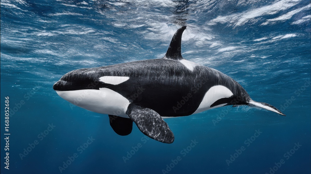 Obraz premium Majestic Orca Swimming Gracefully Beneath Waves in Clear Ocean Waters