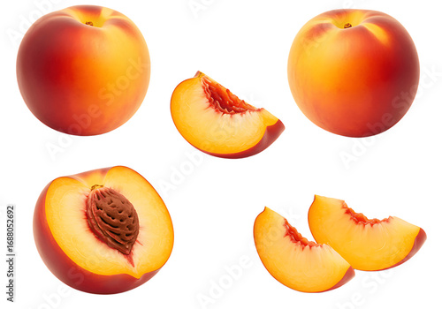 Fresh and juicy peaches isolated on transparent background, whole and sliced