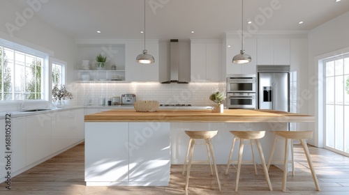 white kitchen interior, minimal design, stainless steel appliances, wooden accents, bright and airy, photorealistic lighting 