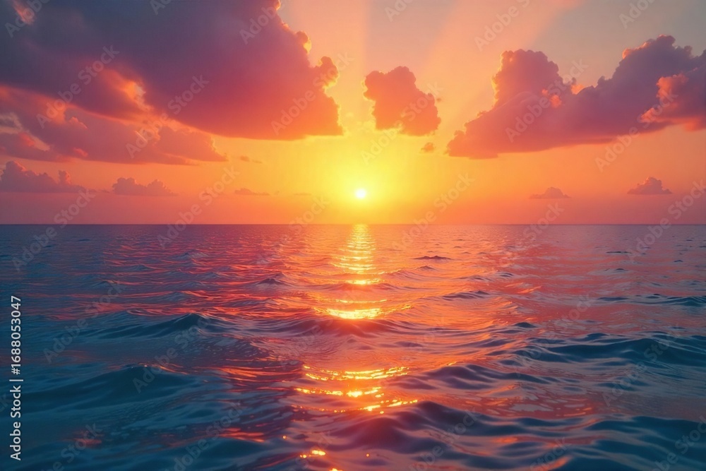 Fototapeta premium A vibrant sunset over a calm ocean, reflecting the carefree energy of a summer evening Perfect for travel, relaxation, and holiday themes , inspiring, vacation, vibrant