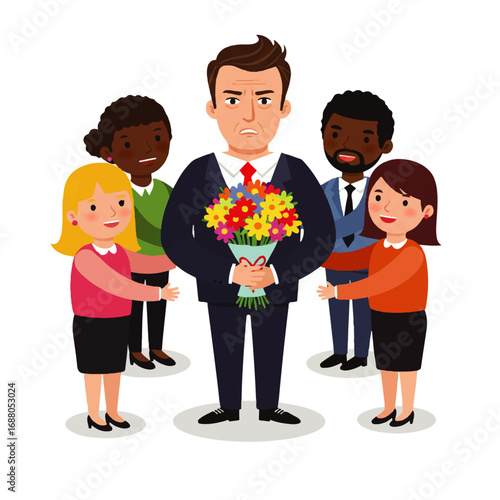 Angry businessman receiving a bouquet of flowers from his team.