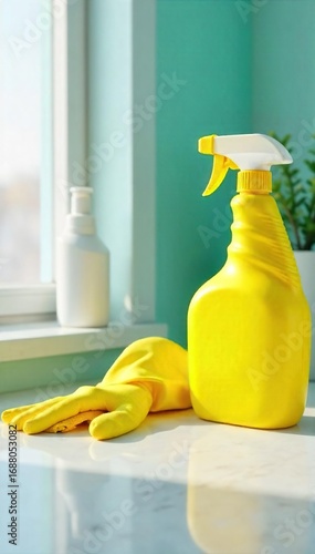 Bright yellow cleaning supplies gleam on a spotless surface, ready for a thorough spring cleaning A cheerful and organized scene featuring various housekeeping essentials , hygiene, sanitation