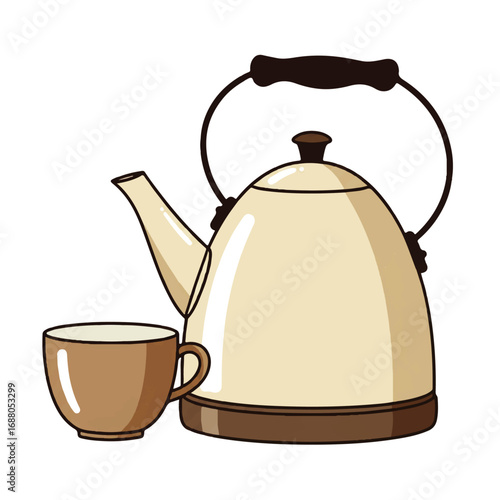 Cartoon illustration of a beige kettle and cup.