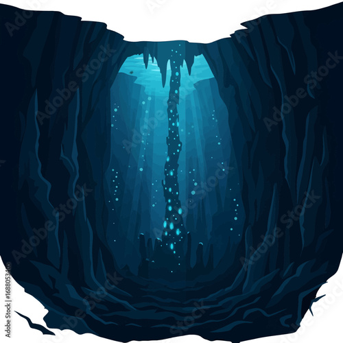 Pixelated Abyss with Underwater Cave System in Deep Blues and Dim Lighting with Stalactites and Rock Formations