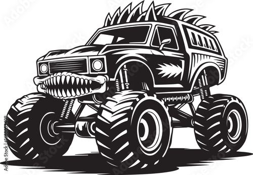 Monster truck with sharp teeth grille and spiky mohawk on white background Keywords: monster