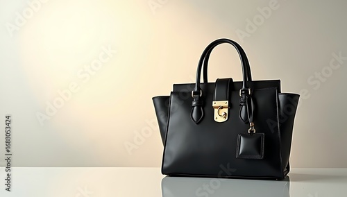 Black & Gold Handbags – Stylish handbag close-up, black leather with golden accents, elegant minimal backdrop