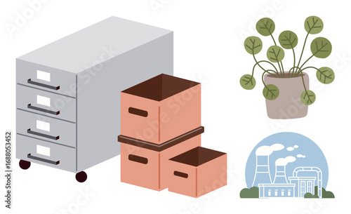 Metal filing cabinet, stacked storage boxes, potted green plant, and factory illustration. Ideal for organization, sustainability, work environments, industrial concepts, recycling eco-friendliness