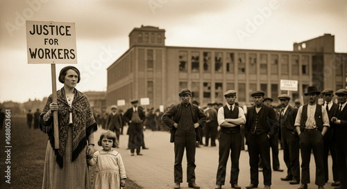 Historic Labor Strike: A Woman and Child's Fight for Justice During a Workers' Protest, A Moment in Time: Labor Protest and the Call for Justice for Workers