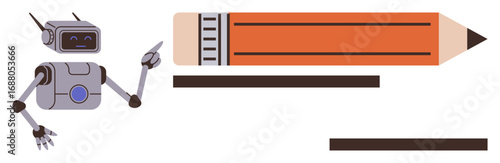 Robot pointing at large pencil as a metaphor for creativity, automation, education, and innovation. Ideal for tech, learning, design, AI, productivity invention simple flat metaphor