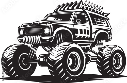 Black Silhouette Monster Truck with Spiky Hair and Large Tires on White vehicle off-road