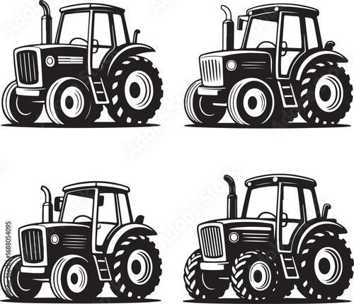 Four Black Silhouette Tractors on White Background Farm Machinery Set agriculture vehicle
