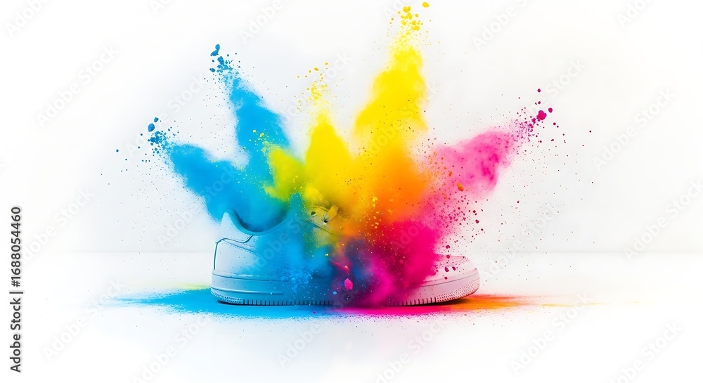 Obraz premium Explosive Colors: A single shoe erupts in a vibrant explosion of vivid colors, creating a dynamic and artistic spectacle of movement and creativity.