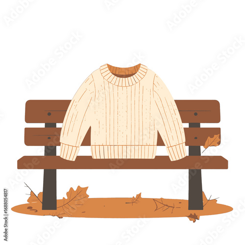 Cream Knit Sweater on Brown Bench with Autumn Leaves Scattered Around in Minimalist Style