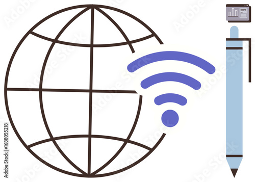 Globe grid with wireless icon and blue digital pen representing global communication, technology, and networking. Ideal for topics thumbs up connectivity, modernization, remote work, education