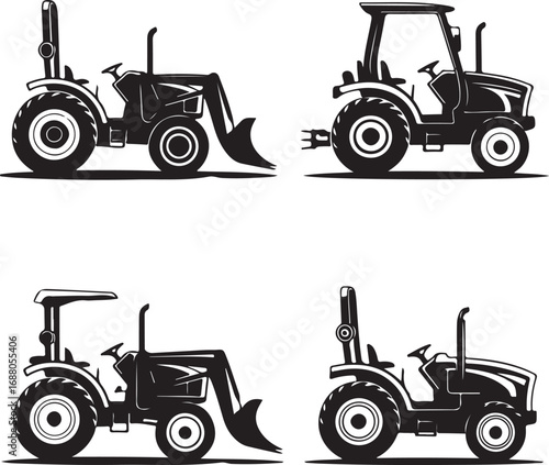 Four black tractors with front loaders and open cabs Keywords: tractor, farm vehicle