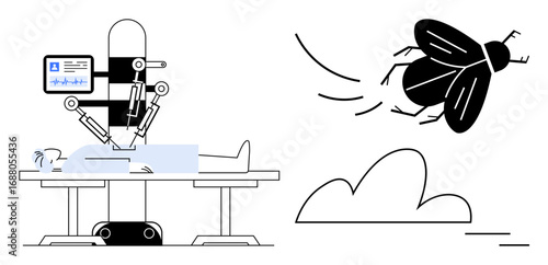 Robotic arms performing surgery on patient monitored by screen large fly representing distraction. Ideal for innovation, robotics, technology, medicine, challenges, precision, futuristic concepts