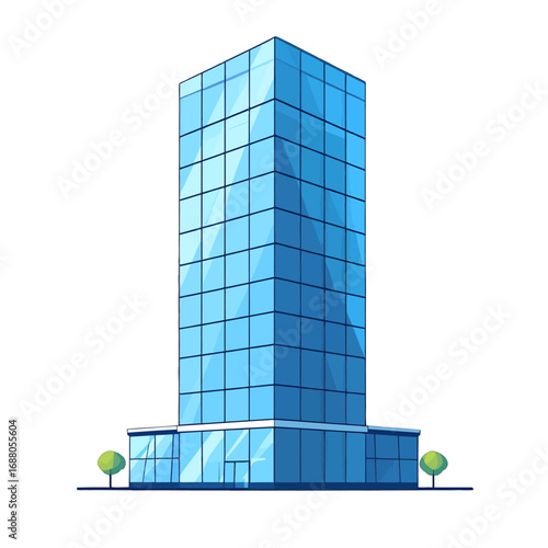 Modern Blue Glass Skyscraper Illustration Against White Background Tall Geometric Building With Clean Lines Cityscape Architectural Design