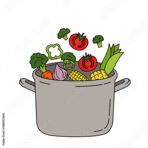 Healthy Fresh Vegetables Falling into a Cooking Pot for Meal Preparation.