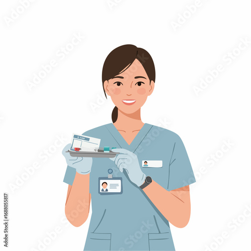 Smiling female nurse in medical scrubs and gloves, holding a tray with syringes, vials, and medication, demonstrating readiness for patient treatment and professional healthcare services
