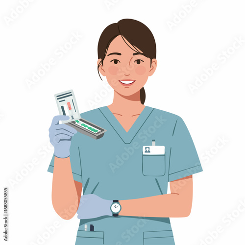 Smiling female nurse character in blue scrubs holding an open rapid diagnostic test kit. Healthcare professional showing a medical testing device, isolated vector illustration